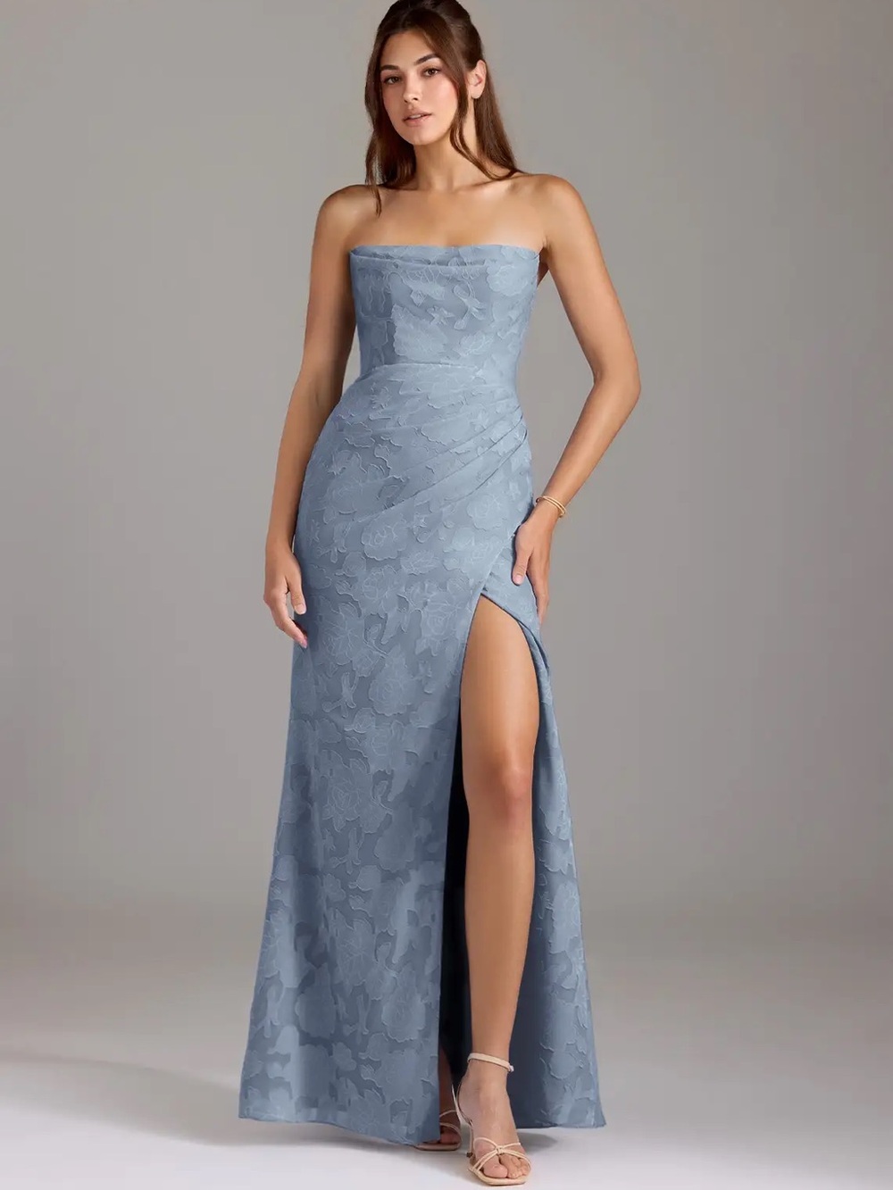 Azazie Leonis Dusty Blue Strapless Floral Dress